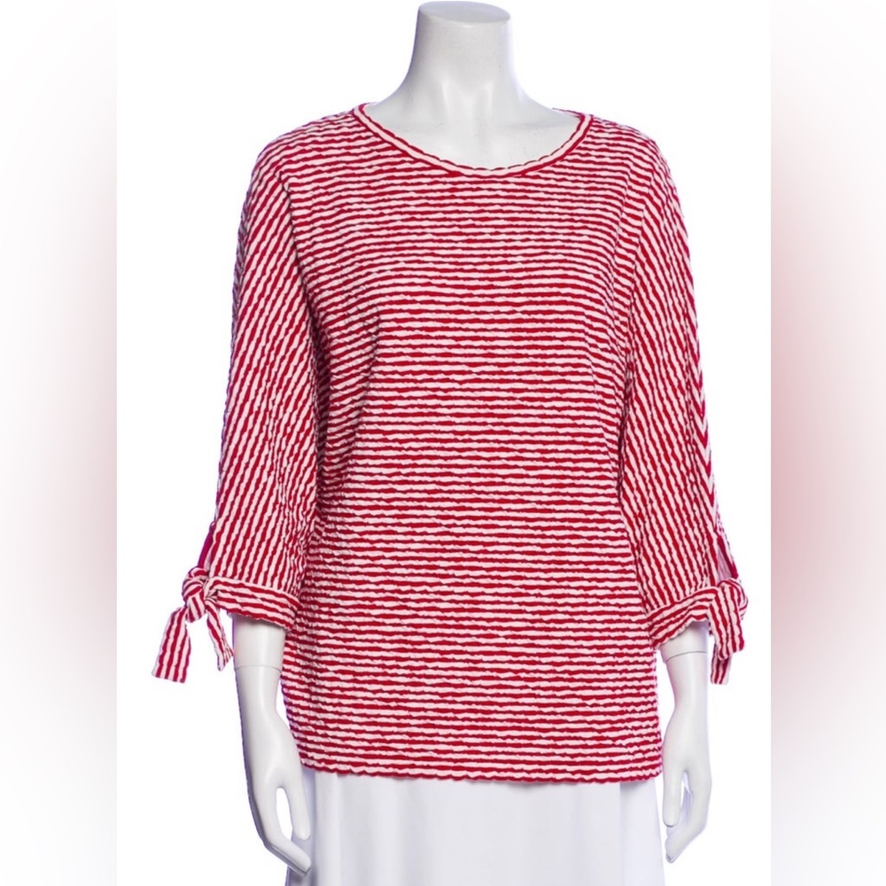 Carolina Herrera Red White Striped Short 3/4 Bateau Sleeve Tie Top EUC Size XS